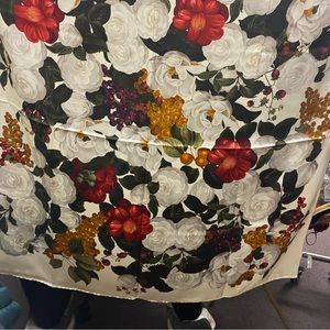 Genuine Chanel silk scarf. A multi Colored design of camellia flowers & fruit